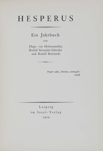 Hugo von; Rudolf Alexander SCHRÖDER und Rudolf BORCHARDT. -Hesperus.