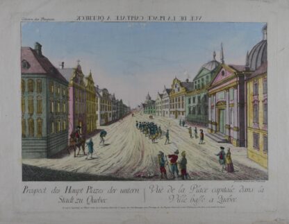 -Vue de la Place capitale à Quebeck. Prospect des Haupt Plazes der untern Stadt zu Quebec. Seitenverkehrte Ansicht.