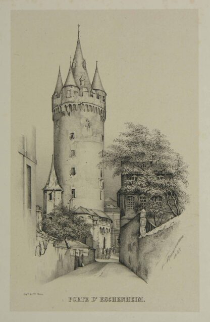 -Porte d'Eschenheim. Seitenansicht (von der Taubenstrasse aus) des Eschenheimer Turms.