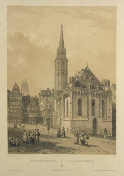 -Place du Roemer à Franckfort s/m. Roemer'splatz in Frankfurt a/m. Ansicht der Nikolaikirche mit dem Dom im Hintergrund. Reiche Personenstaffage.