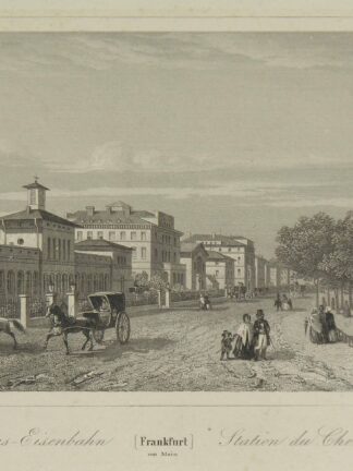 -Die Taunus-Eisenbahn. Ansicht des Bahnhofs und weiterer Gebäude. Strassenszene mit Kutsche und Reitern.