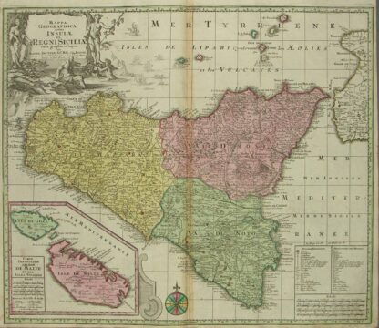-SIZILIEN. Mappa geographica totius Insulae et regni Siciliae. Karte Siziliens mit Nebenkarte von Malta und Gozo unten links sowie figürlicher Titelkartusche und Legende.
