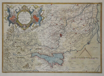 -Veronae Urbis Territorium. Darstellung der Region rund um Verona mit dem Gardasee. Mit figurativer Rollwerkskartusche.