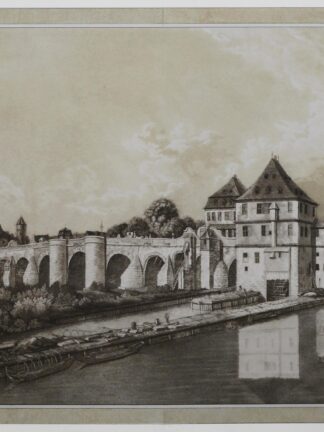 -Ansicht der Alten Brücke mit beiden Brückenhäusern. "Vue du pont à Francfort sur le Mein".