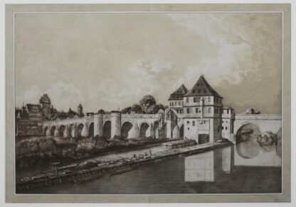 -Ansicht der Alten Brücke mit beiden Brückenhäusern. "Vue du pont à Francfort sur le Mein".