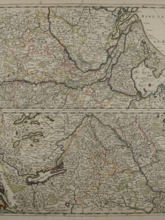 -Totius Fluminis Rheni Novissima Descriptio ex Officina. Zweigeteilte Karte des Rheinlaufs von der Schweiz über den Bodensee bis zur Mündung in der Nordsee.