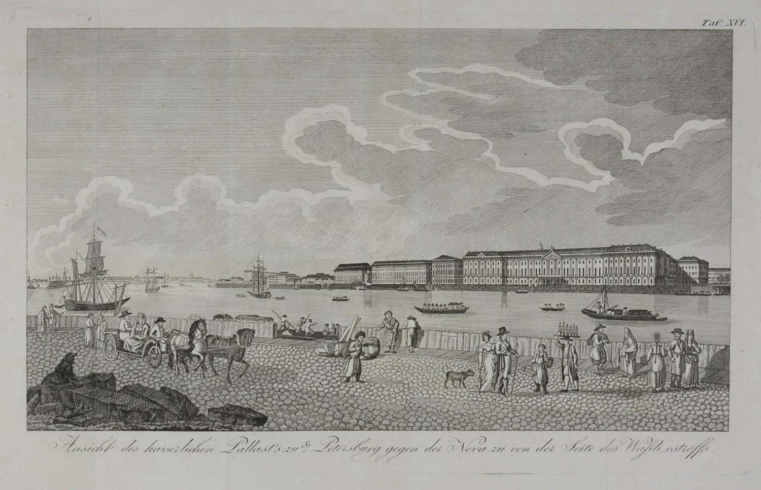 -ST. PETERSBURG. Ansicht des kaiserlichen Pallast's zu St. Petersburg gegen der Neva zu von der Seite des Wasiliostroffs. Teilansicht von Sankt Petersburg über die Newa auf die Eremitage. Mit reicher Personenstaffage im Vordergrund und Schiffen auf der Newa.
