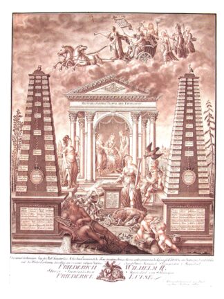 -Denkmal der traurigen Lage der Stadt Frankfurt a. M. bei dem Einmarsch des Französischen Kriegs-Heeres.... Friedrich Wilhelm II. ... Friederice Luise allerunterthänigst gewidmet. Allegorische Darstellung