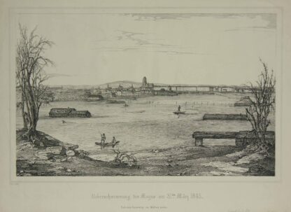 -Ueberschwemmung des Mayns am 31ten März 1845. Ansicht von Frankfurt von der Sachsenhäuser Seite aus