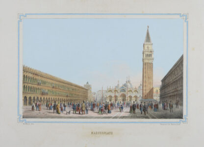 -VENEDIG - VENEZIA. Marcusplatz. Ansicht des Markusplatzes (Piazza San Marco) in Venedig mit reicher Personenstaffage. Im Hintergrund der Markusdom und dessen Campanile.