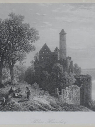 -HORNBERG. Ansicht mit Ruine und dem Neckar im Hintergrund.