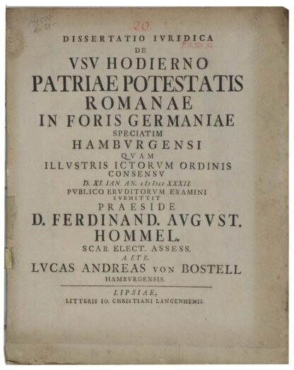 Ferdinand August. -Dissertatio iuridica de usu hodierno patriae potestatis romanae in foris germaniae speciatim hambvrgensi.