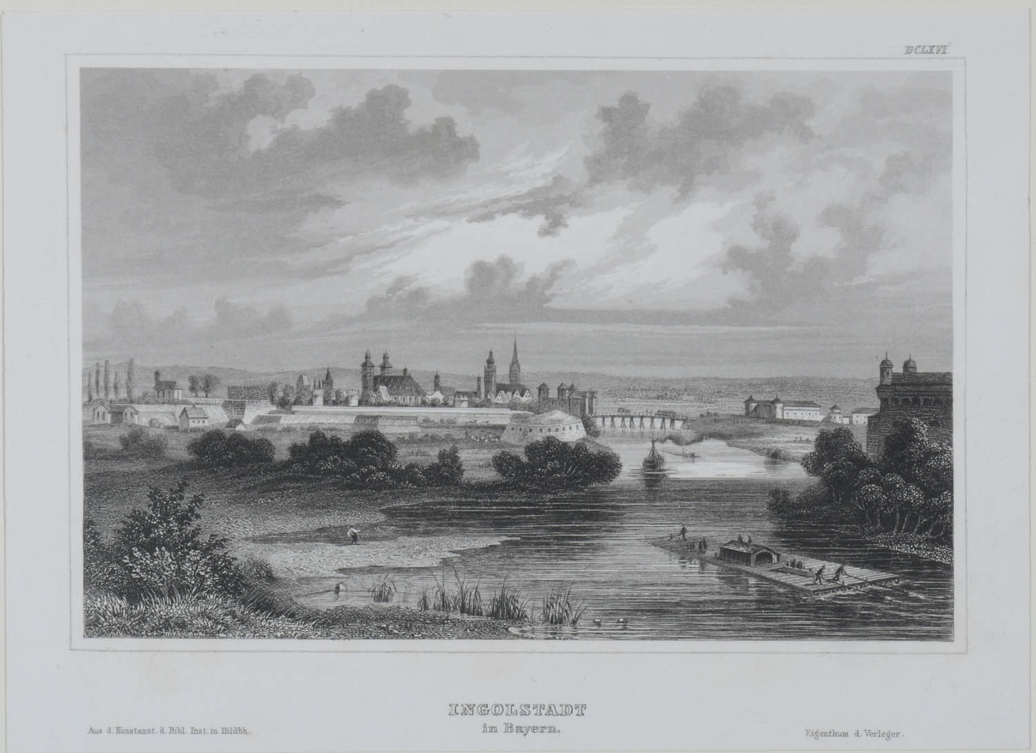 -INGOLSTADT/Donau. Gesamtansicht mit der Donau und Floß im Vordergrund.