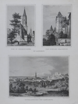 -LANDSHUT. Gesamtansicht und St. Judokuskirche und Schloss Trausnitz. 3 Ansichten auf einem Blatt.