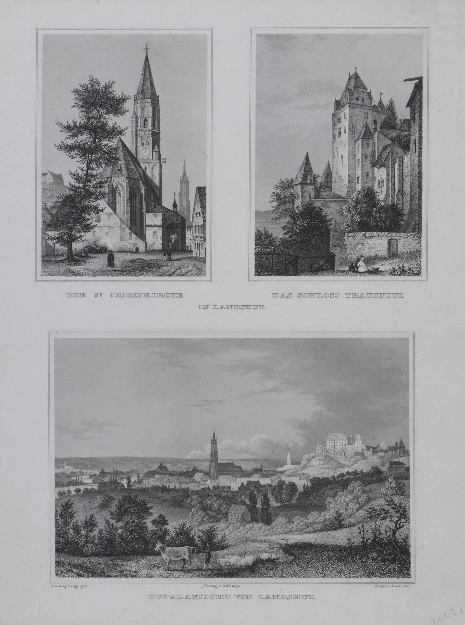 -LANDSHUT. Gesamtansicht und St. Judokuskirche und Schloss Trausnitz. 3 Ansichten auf einem Blatt.