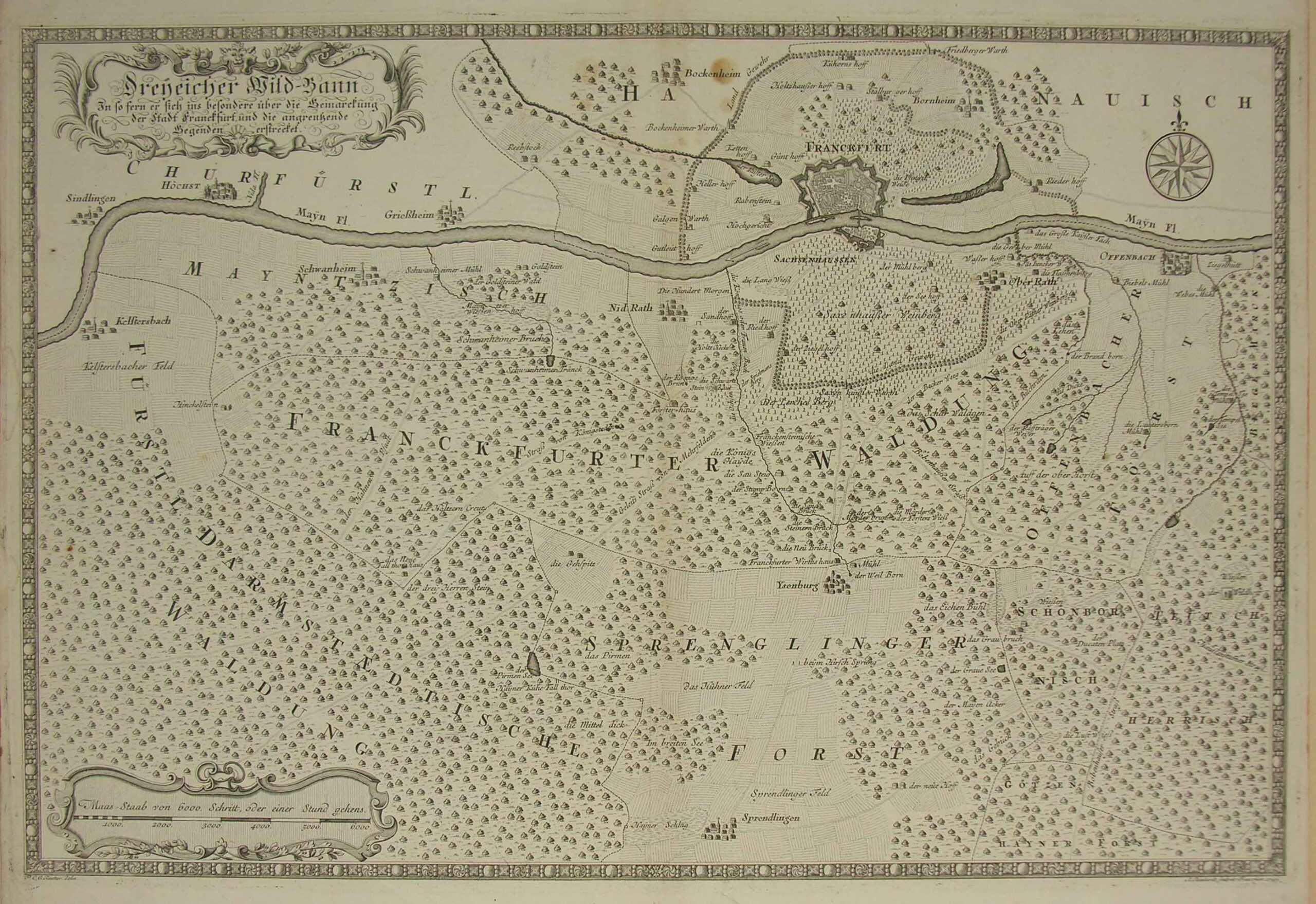 -Dreyeicher Wild-Bann. Karte mit Bordüre von Frankfurt und dem Gebiet südlich des Mains