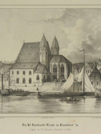 -Die St. Leonhard's Kirche in Frankfurt a/M. Ansicht vom Main mit Booten im Vordergrund.