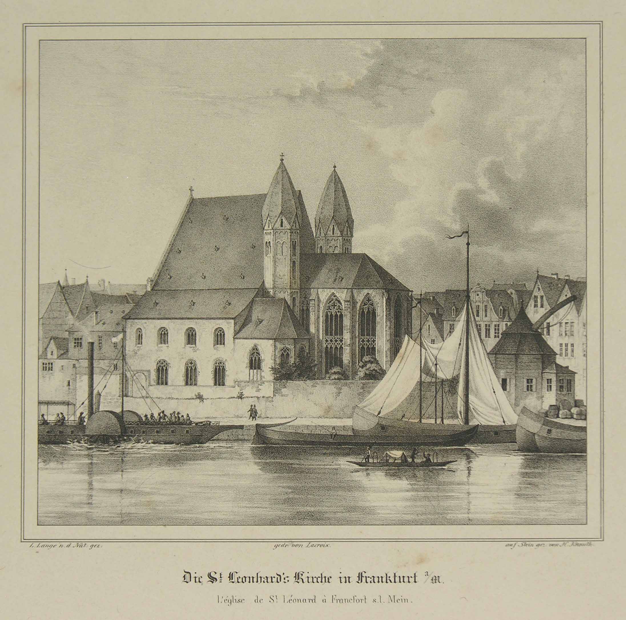 -Die St. Leonhard's Kirche in Frankfurt a/M. Ansicht vom Main mit Booten im Vordergrund.