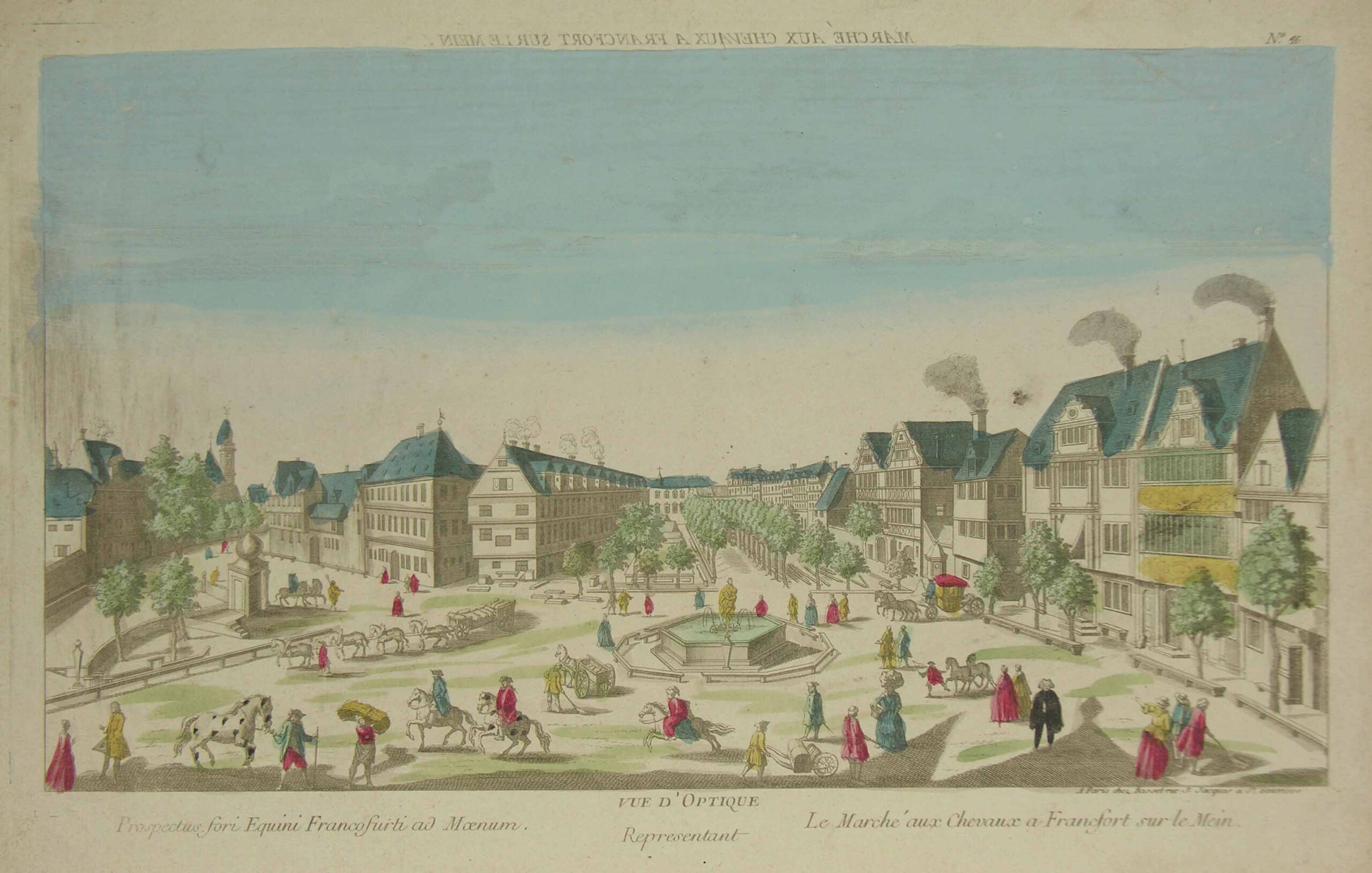 -Le Marché aux Chevaux a Francfort sur le Mein. Der Rossmarkt in Frankfurt mit Personen und Reitern.