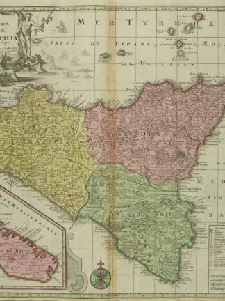 -SIZILIEN. Mappa geographica totius Insulae et regni Siciliae. Karte Siziliens mit Nebenkarte von Malta und Gozo unten links sowie figürlicher Titelkartusche und Legende.