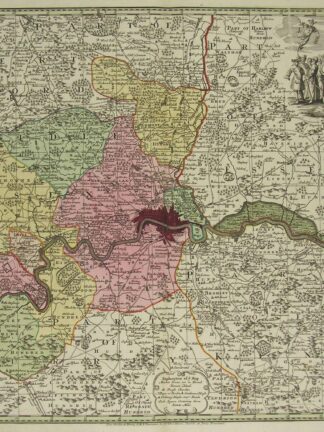 -LONDON. Delineatio ac finitima Regio Magnae Brittaniae Metropoleos Londini... Umgebungskarte von London. Mit figürlicher Wappenkartusche.