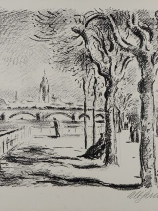 -Frankfurt am Main. Ansicht der Untermainbrücke mit dem Dom im Hintergrund vom Schaumainkai in Sachsenhausen aus.