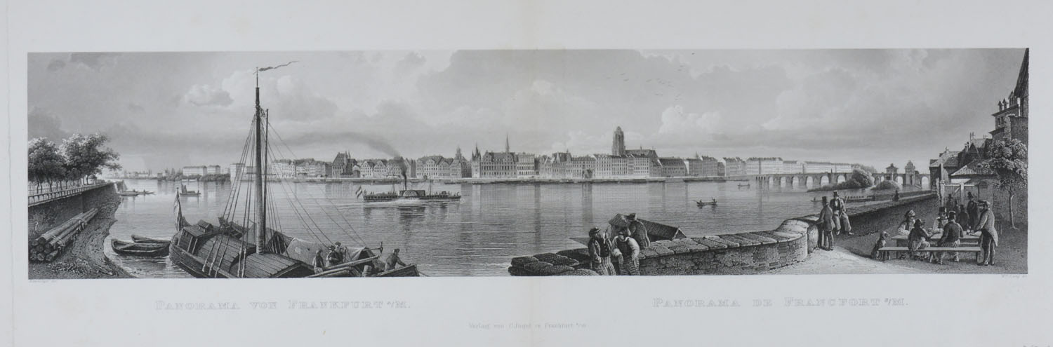 -Panorama von Frankfurt a/M. Blick von der Sachsenhäuser Seite auf die Stadt mit Personen und Booten.