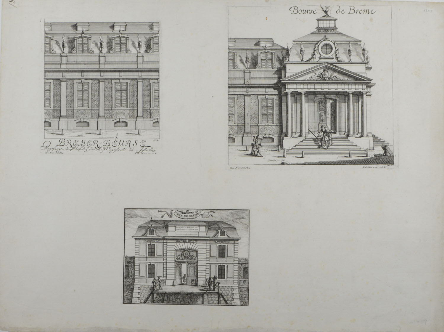 -BREMEN. Bremer Beurse - Bourse de Breme (und) Porte de Breme. 2 Ansichten der Bremer Börse und eine Ansicht des Bremer Stadtors auf einem Blatt.