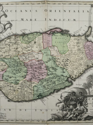 -CEYLON olim Taprobana incolis Tenarisin et Lekawn dicta maxima et simul ditissima maris Indici Insula... Karte von Sri Lanka in Westorientierung. Mit figürlicher Titelkartusch sowie Kartusche mit erläuterndem Text oben links.
