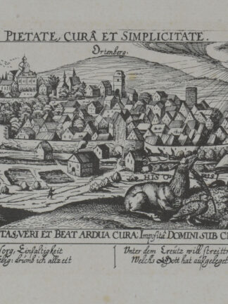 -ORTENBERG/Hessen.  Gesamtansicht mit allegorischer Staffage und Spruch unter der Ansicht.