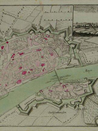 -Plan der Reichs-Stadt Franckfurt. Stadtplan Frankfurts mit kleiner Gesamtansicht oben rechts.