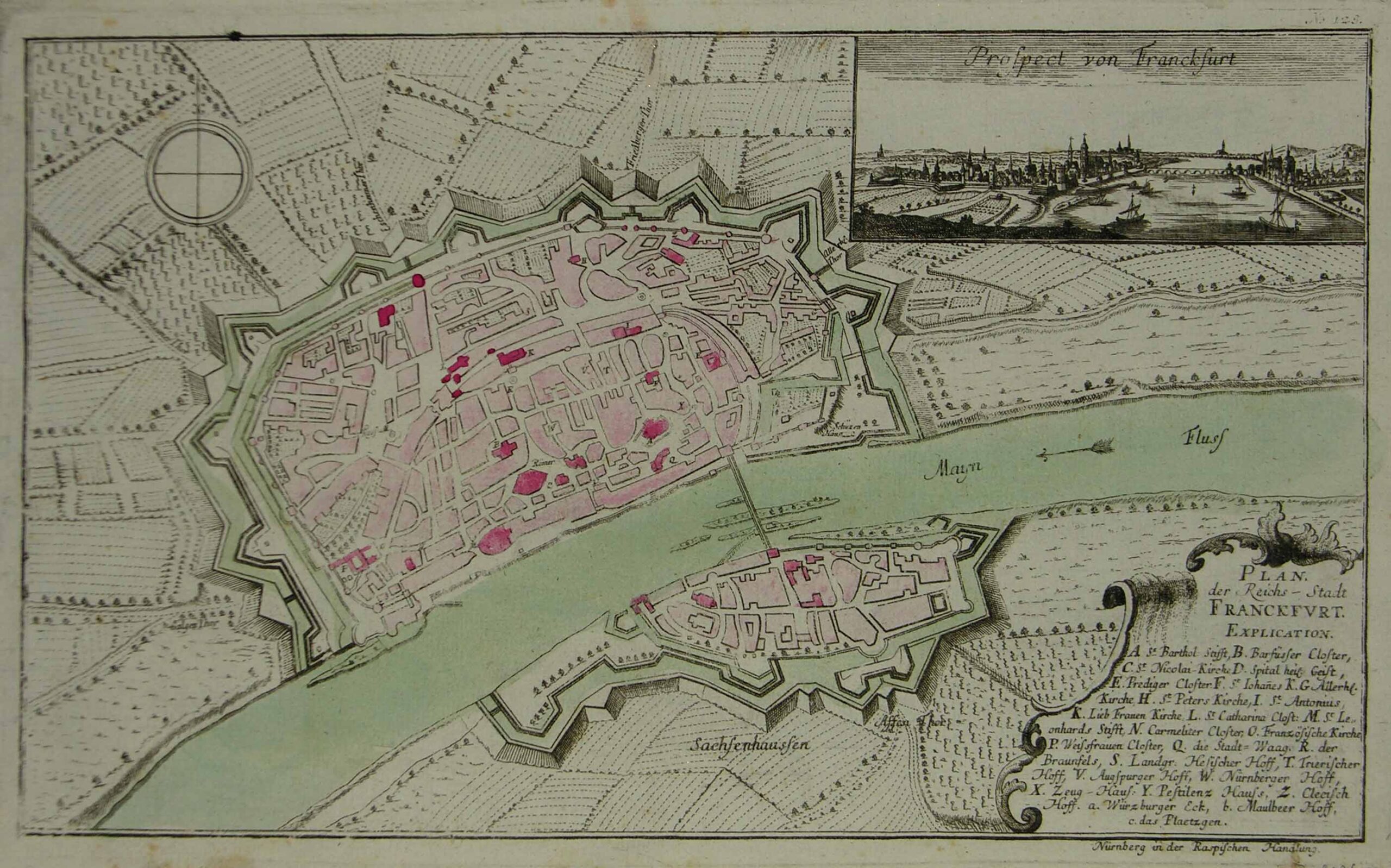 -Plan der Reichs-Stadt Franckfurt. Stadtplan Frankfurts mit kleiner Gesamtansicht oben rechts.