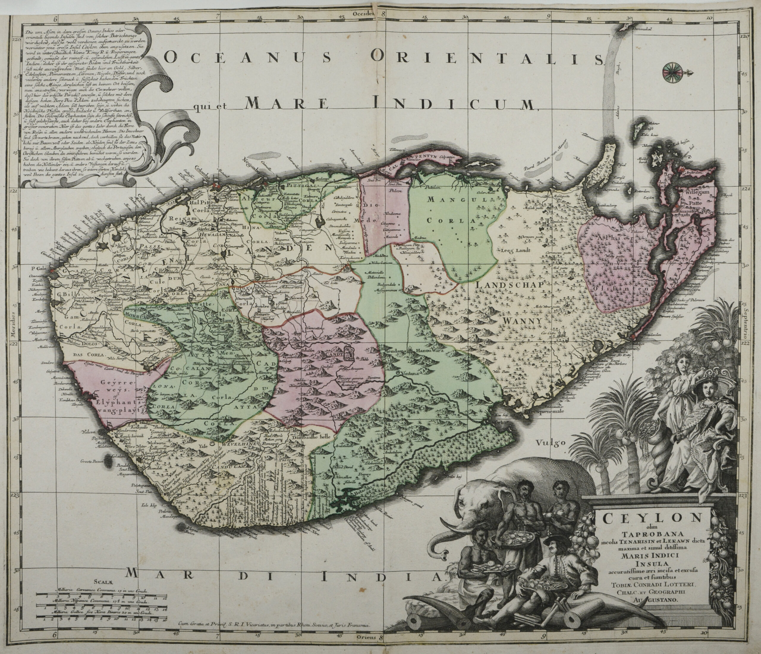 -CEYLON olim Taprobana incolis Tenarisin et Lekawn dicta maxima et simul ditissima maris Indici Insula... Karte von Sri Lanka in Westorientierung. Mit figürlicher Titelkartusch sowie Kartusche mit erläuterndem Text oben links.