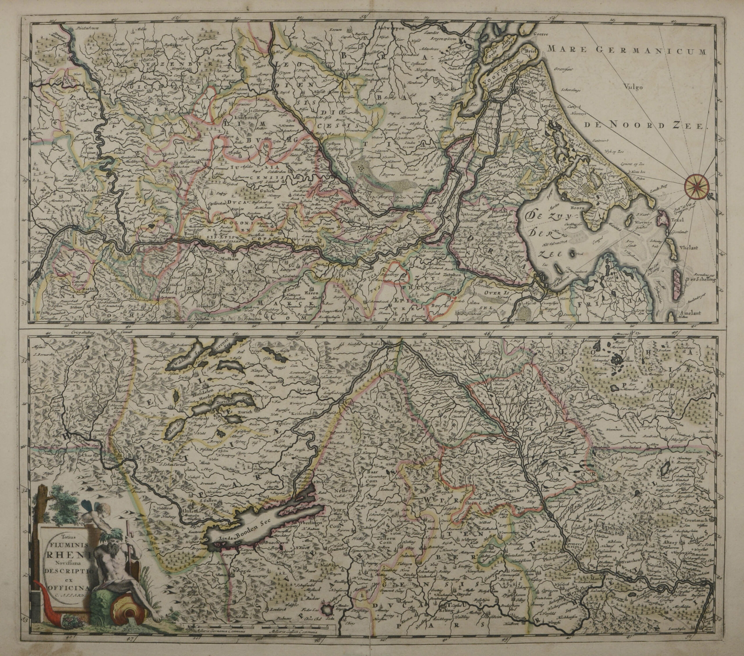 -Totius Fluminis Rheni Novissima Descriptio ex Officina. Zweigeteilte Karte des Rheinlaufs von der Schweiz über den Bodensee bis zur Mündung in der Nordsee.