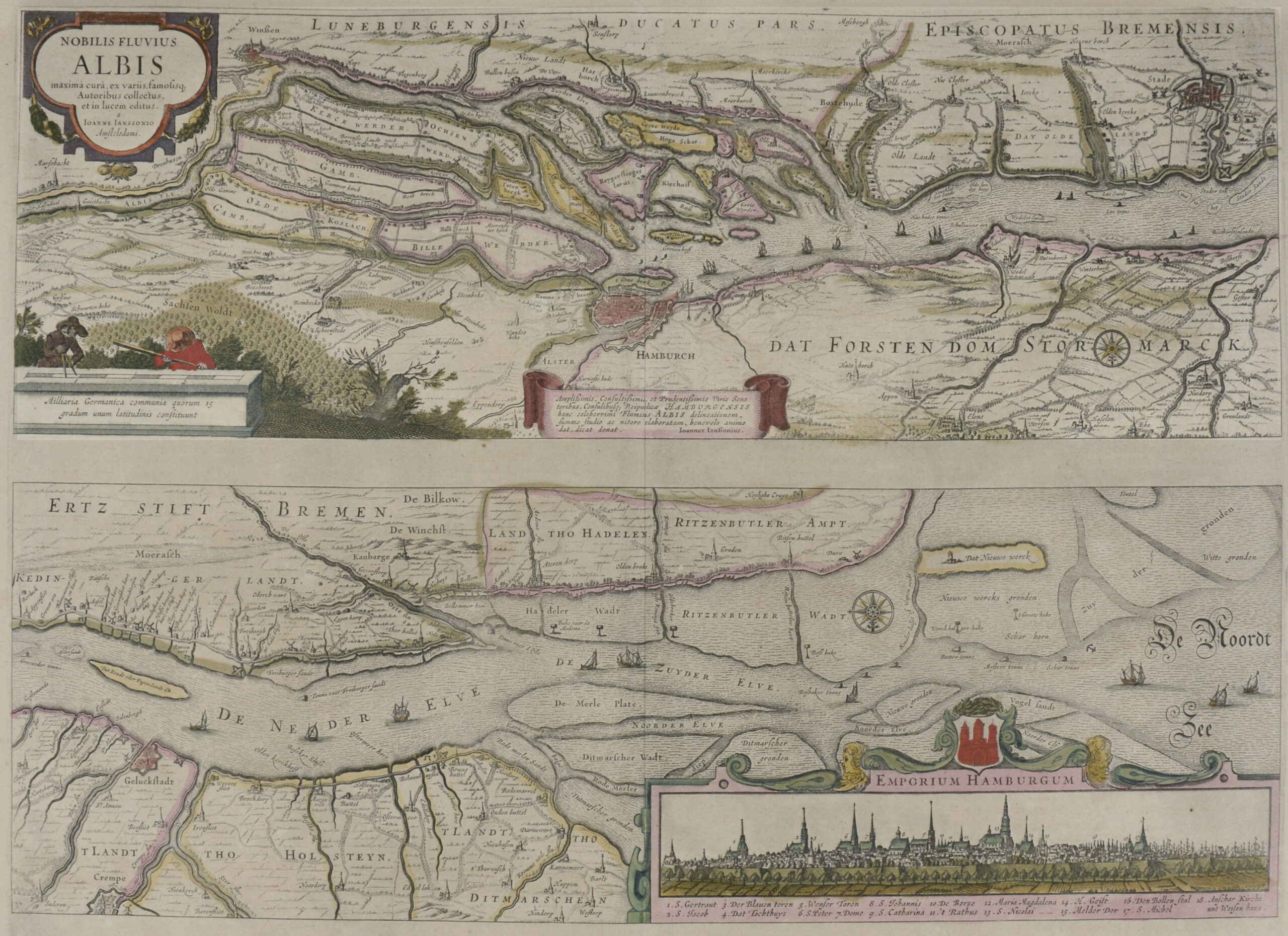 -HAMBURG. "Nobilis Fluvius Albis". Zweigeteilte Karte des Verlaufs der Elbe von Stade bis zur Mündung beim Amt Ritzebüttel