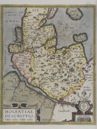 -Holsatiae descriptio: Marco Iordano Holsato auctore. Cum gratia et Privilegio. Karte von Holstein und Schleswig mit Hamburg und der Elbmündung. Lateinischer Text rückseitig.