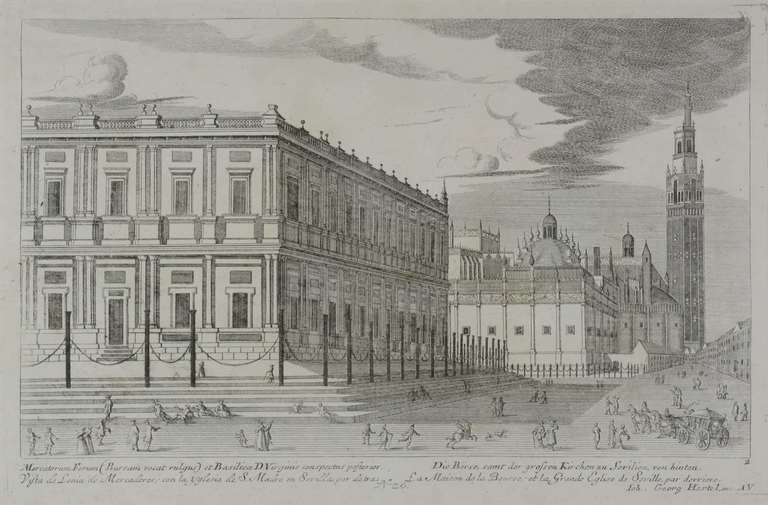 -SEVILLA/Andalusien. Mercatorum Forum... Die Börse samt der grossen Kirchen zu Sevilien. Teilansicht Sevillas mit der Rückseite der Kathedrale und der Giralda.