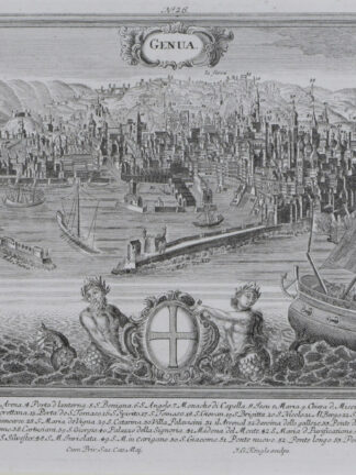 -GENUA. Gesamtansicht von Genua mit Legende am unteren Bildrand.