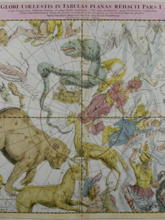 -Globi coelestis in tabulas planas redacti pars 1. Karte mit figurativen Sternbildern in ihrer Konstellation sowie die Größen der Sterne in tabellarischer Übersicht.