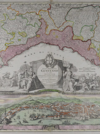 -Status Reipublicae Genuensis nec non Prospectum Celeberrimae ejusdem Urbis et Portus. Karte der Ligurischen Küste mit einer Ansicht der Stadt und des Hafens von Genua.