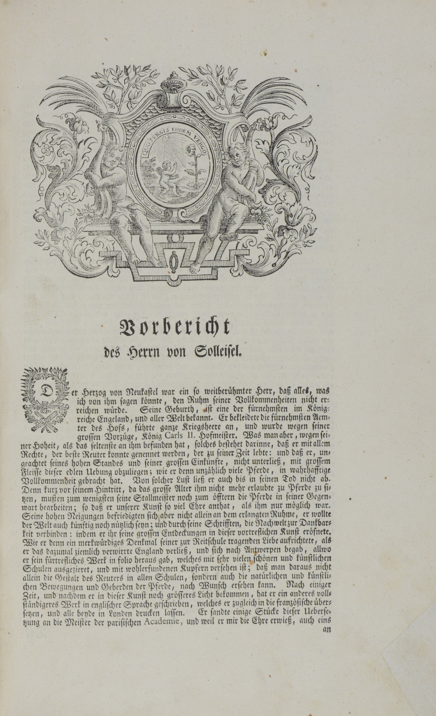 CAVENDISH, Wilhelm Herzog von Neukastel. Neueröffnete Reitbahn oder vollkommener Stallmeister worinnen eine neue Methode die Pferde zu dreßiren und nach der Natur und Kunst abzurichten gelehret wird. <br />Von ihm selbst in englischer Sprache beschrieben, mit des Herrn von Solleisel, königlich französischen Bereuters, Anmerkungen und Zusätzen in das Deutsche übersetzt von Johann Philipp Ferdinand Freyherrn von Pernauer. – Bild 3