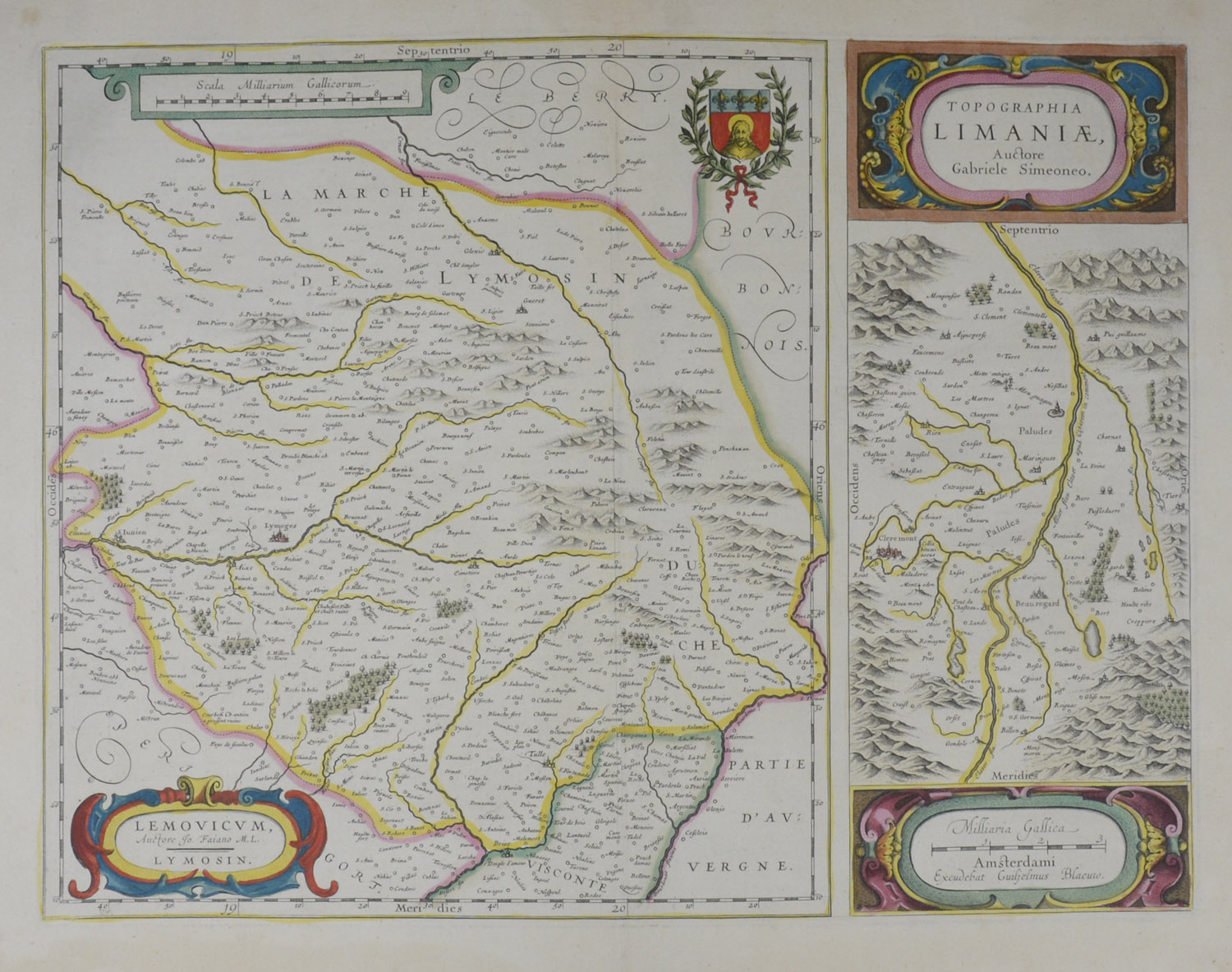 -LIMOUSIN - "Topographia Limaniae". "Lemovicum. Lymosin". Die eine Karte zeigt die Gegend um den Fluss Allier in Zentralfrankreich