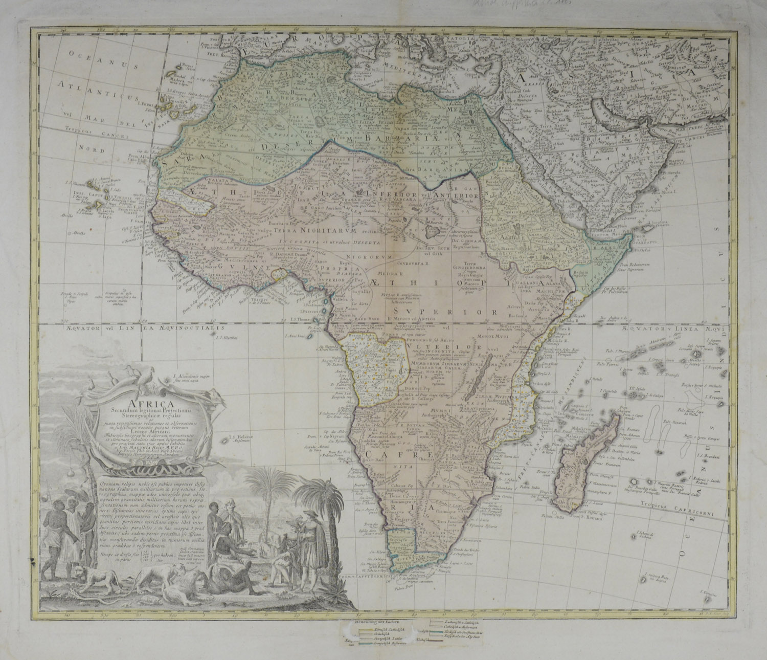 -AFRIKA. - "Africa secundum legitimas projectionis stereographicae regulas et juxta recentissimas relationes et observationes in subsidium vocatis quoquo veterum Leonis Africani nubiensis geographi et aliorum monumentis et eliminatis fabulosis aliorum desigantionibus pro praesenti statu ejus aptius exhibita a Ioh. Matth Hasio M.P.P.O."