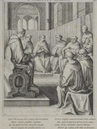 -B. Albertus Magnus. Darstellung von Albertus Magnus im Profil umgeben von Dominikanermönchen.