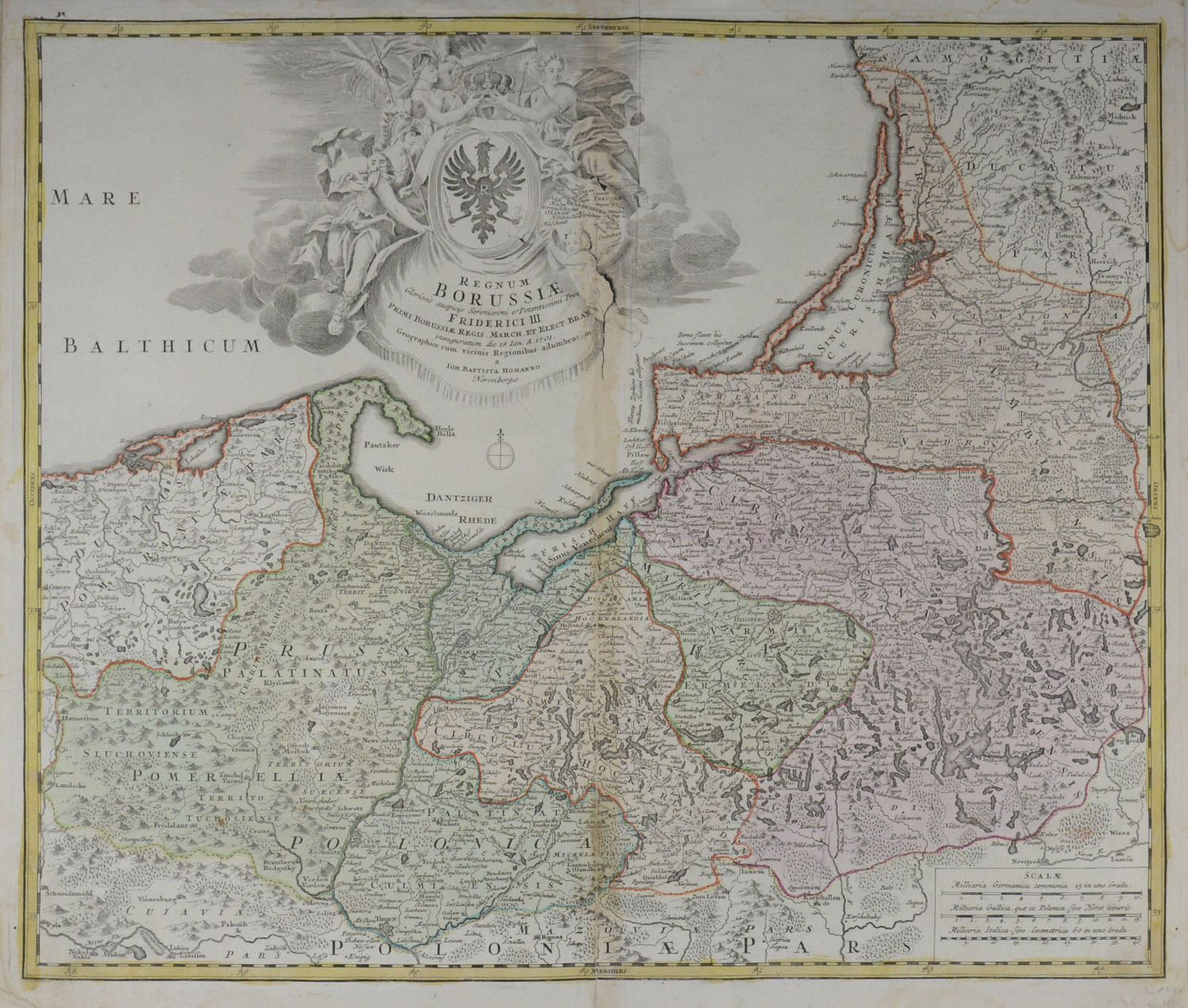 -POMMERN/OSTPREUSSEN/WESTPREUSSEN - Regnum Borussiae. Gloriosis auspiciis Serenissimi et Potentissimi Prinip Friderici III. Primi Borussiae Regis ... Karte der Ostseeküste bis Polangen mit einer großen figürlichen Titelkartusche und Wappen.
