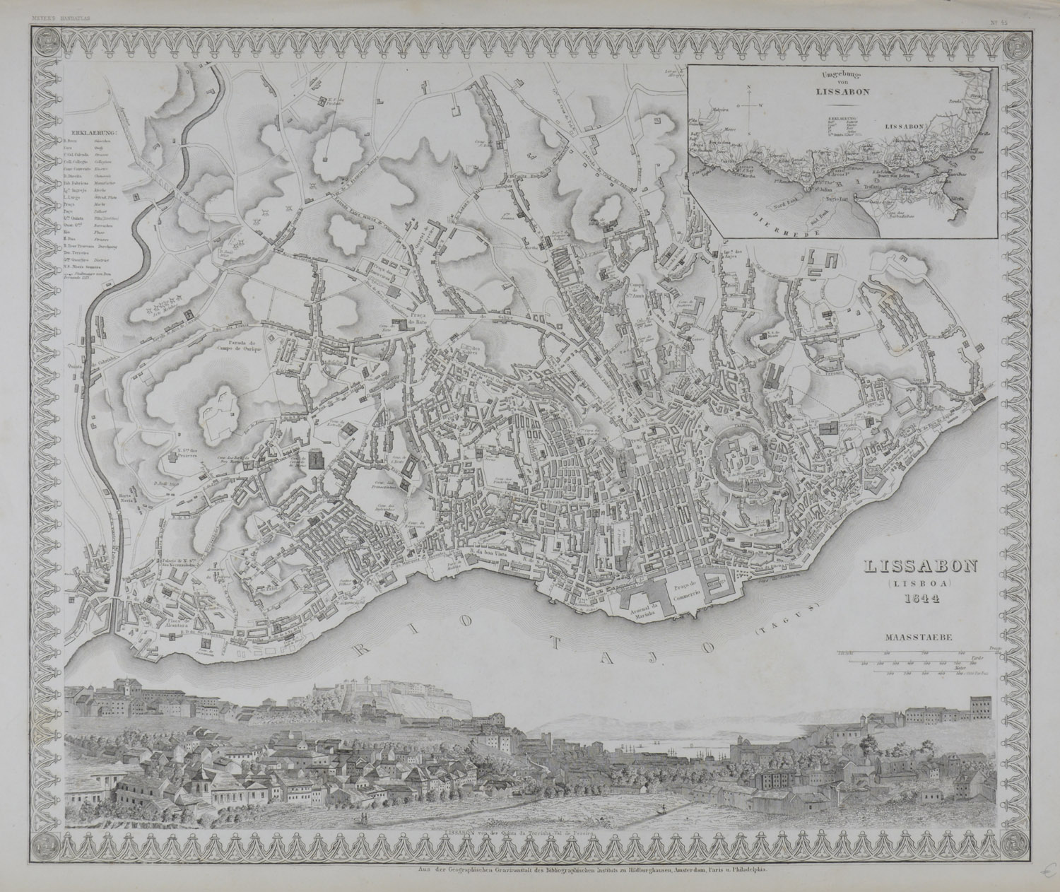-LISSABON - Plan "Lissabon 1844" mit Nebenkarte "Umgebung von Lissabon"